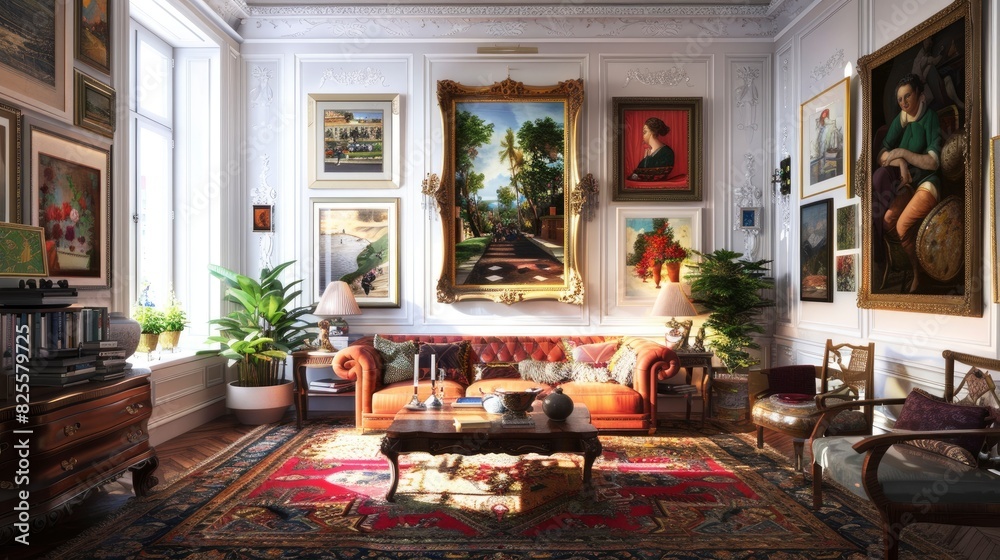 Living Room With A Gallery Wall Of Eclectic Art Pieces, Room Background Photos
