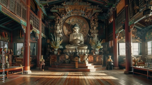 A wide-angle shot of an ubosot s interior  highlighting the central Buddha statue and detailed artwork
