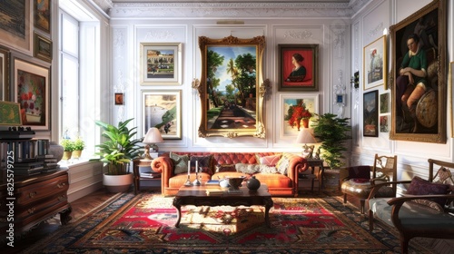 Living Room With A Gallery Wall Of Eclectic Art Pieces  Room Background Photos