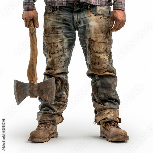 a man with a dirty shirt and jeans holding an axe, transparent background png photo