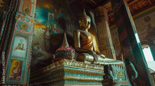An ornate Buddha statue seated in the ubosot, with colorful murals and decorative elements photo