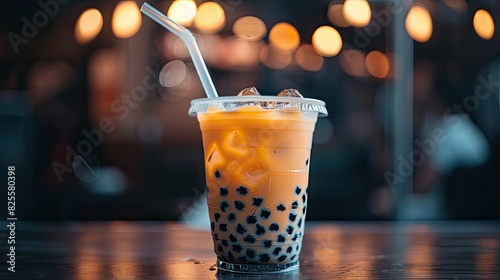 Close-up of a refreshing bubble tea with tapioca pearls, served in a clear cup with a wide straw photo
