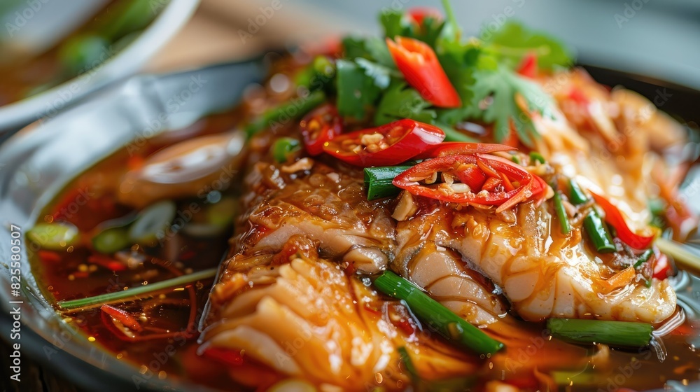 Close-up of Thai-style spicy snakehead fish stir-fry, showcasing the freshness of the ingredients Close-up of Thai-style spicy snakehead fish stir-fry, showcasing the freshness of the ingredients