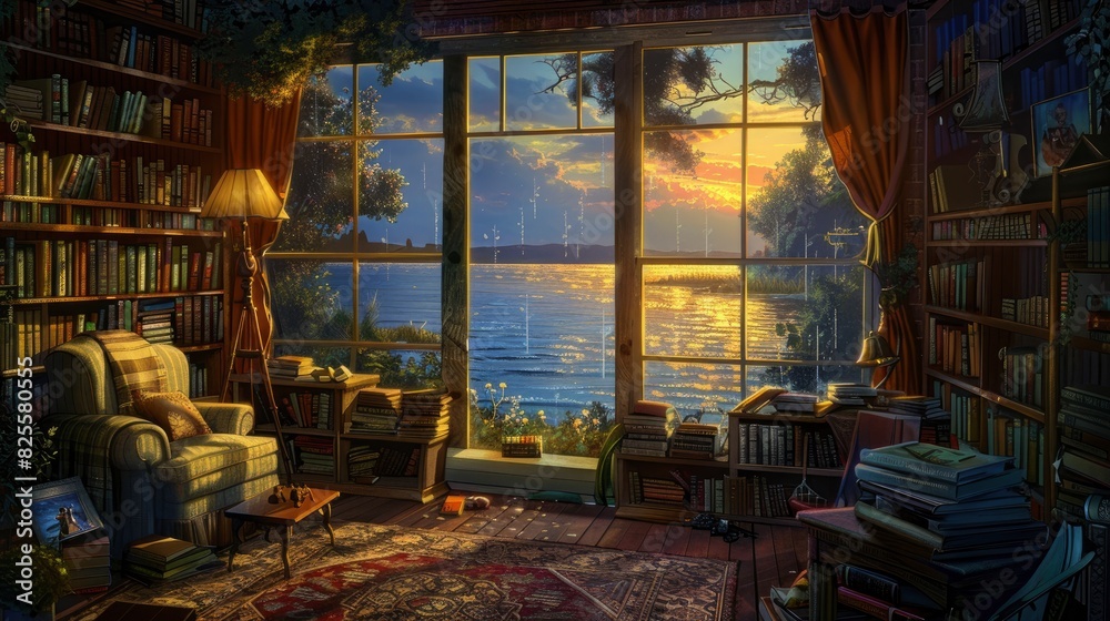 Living Room With A Library Corner, Filled With Bookshelves, A Reading Chair, And A Cozy Lamp, Room Background Photos Living Room With A Library Corner, Filled With Bookshelves, A Reading Chair, And A Cozy Lamp, Room Background Photos