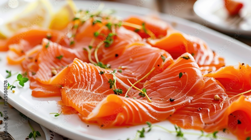 Close-up of thinly sliced salmon fillet, beautifully arranged on a white plate with a garnish of herbs Close-up of thinly sliced salmon fillet, beautifully arranged on a white plate with a garnish of herbs
