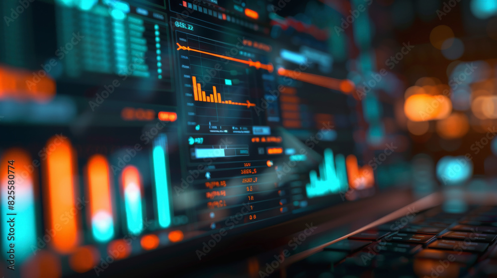 Fototapeta premium A close-up view of a computer screen displaying financial data with graphs and analytics in a dark room, symbolizing modern digital trading or monitoring.