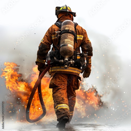 a firefighter walking towards a fire with a hose, transparent background png