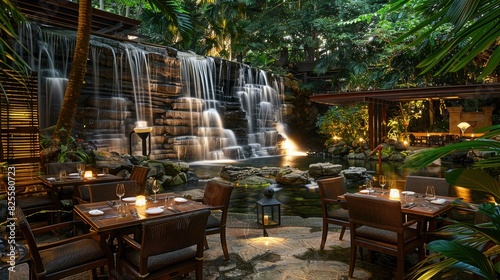 Delicious cuisine served amidst the tranquil ambiance of a cascading waterfall