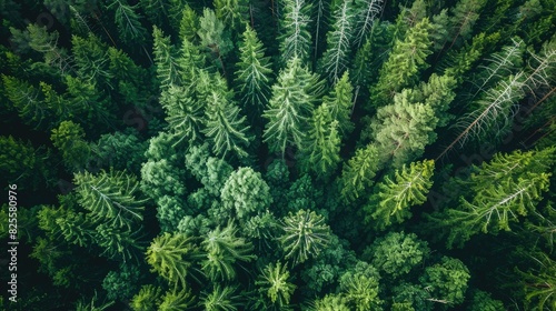 Drone shot of an expansive  untouched wilderness  where the forest stretches as far as the eye can see