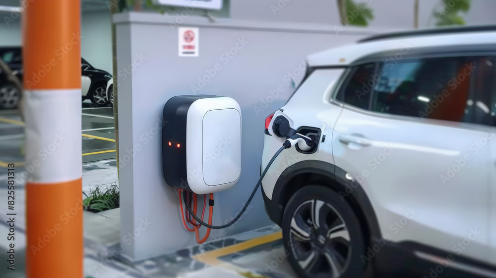 An electric vehicle (EV) is plugged in and charging at a public charging station, illustrating the infrastructure for sustainable transportation. An electric vehicle (EV) is plugged in and charging at a public charging station, illustrating the infrastructure for sustainable transportation.