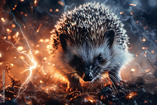 A small white hedgehog is standing in the middle of a field of rocks. The sky is dark and stormy, with lightning bolts streaking across the sky. Scene is tense and dramatic photo