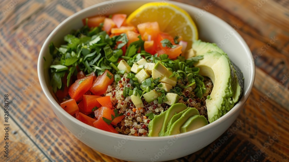 High-angle view of a colorful quinoa salad bowl with fresh veggies, avocado, and a lemon wedge on a wooden table High-angle view of a colorful quinoa salad bowl with fresh veggies, avocado, and a lemon wedge on a wooden table