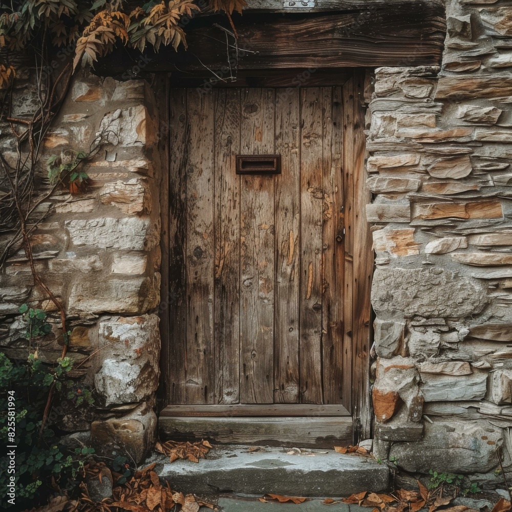 A wooden door with a stone frame. AI.