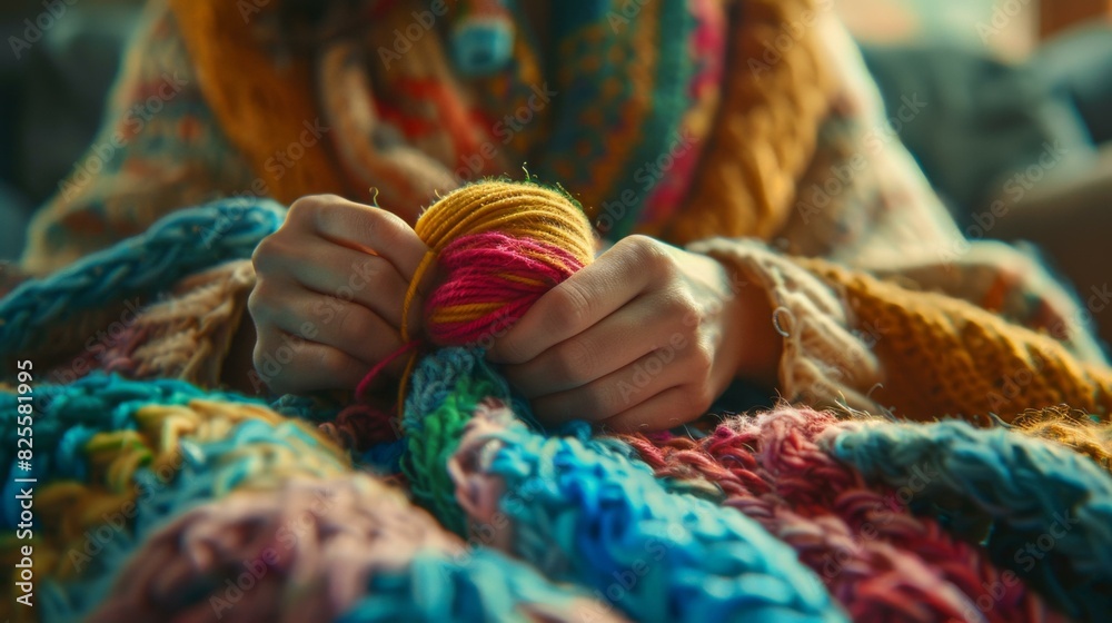 Close-up of a person's hands holding colorful yarn while knitting a blanket. AI. Close-up of a person's hands holding colorful yarn while knitting a blanket. AI.