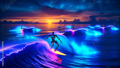 High-tech adventure with robots surfing neon-lit waves at sunset, showcasing the thrill and excitement of futuristic recreation in vibrant colors. photo