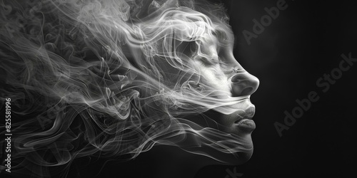 Smoke enveloping a woman's face. AI.