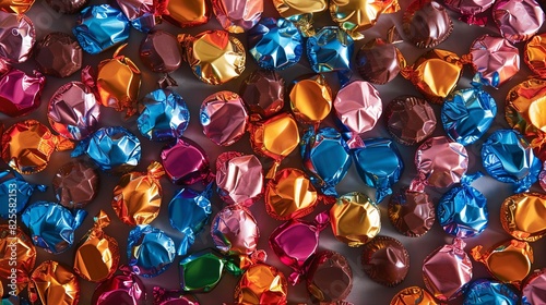 A vibrant close-up view of assorted colorful chocolate candies with shiny wrappers. Generative AI