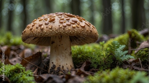 A large brown mushroom with a spotted cap grows in a forest. AI.