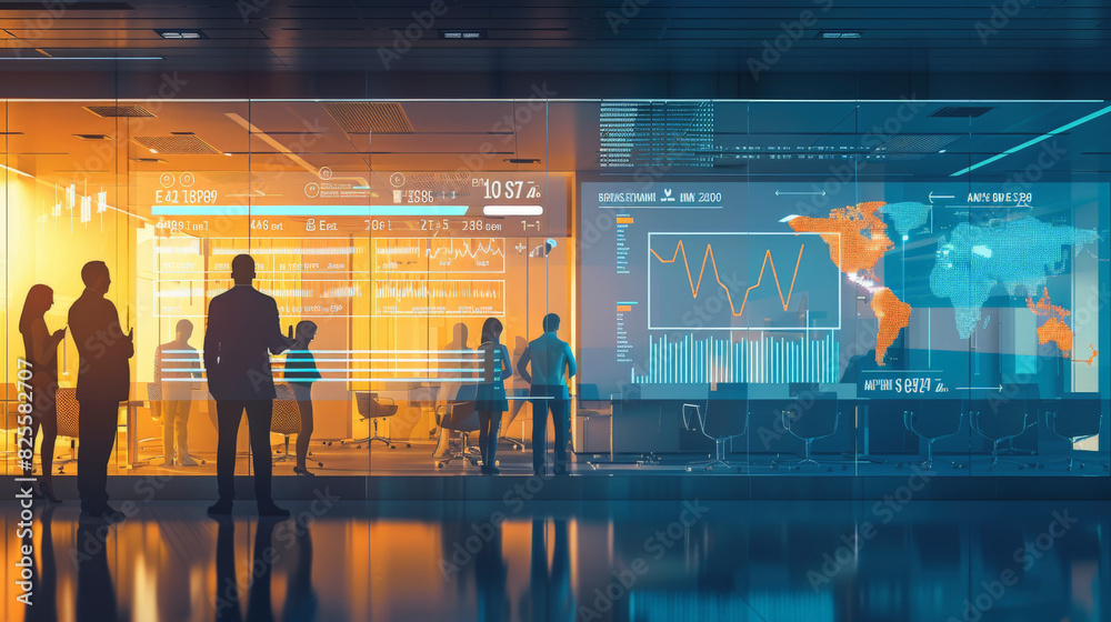 Silhouetted business people in an office with a futuristic digital interface displaying finance-related graphs and world map, illustrating modern finance or global business concept.