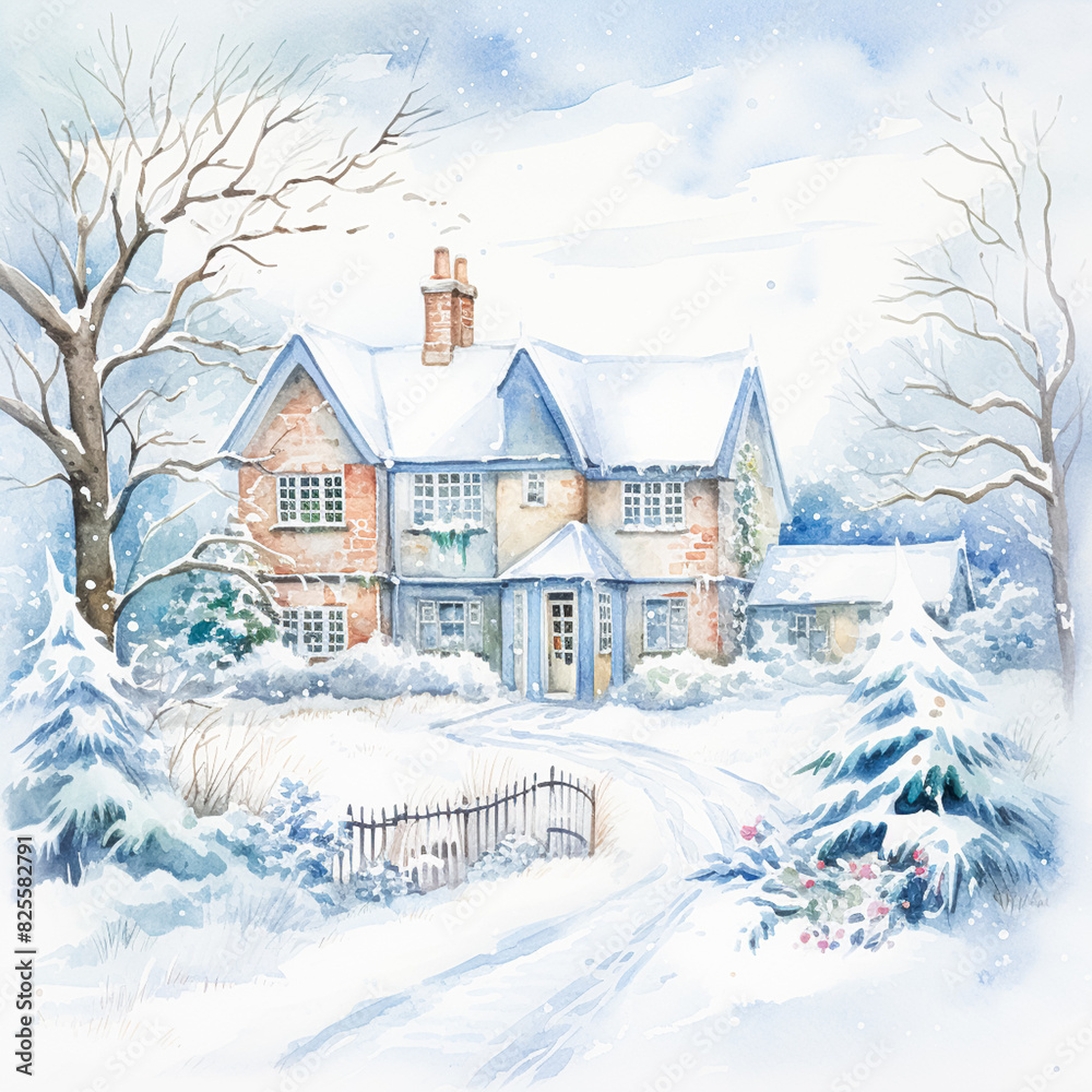Fototapeta premium Watercolour printable winter countryside art print, English country cottage and snow, Christmas holiday, thank you and Happy Holidays diy greeting card design