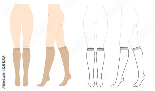 Knee-high Socks Set on women legs - natural beige and line style. Hosiery Fashion accessory clothing technical illustration stocking. Vector front, side view, flat template mockup sketch outline