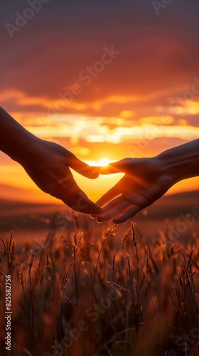 A couple holding hands in front of a beautiful sunset. AI.