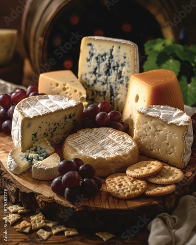 A variety of cheeses and grapes on a wooden board. AI.