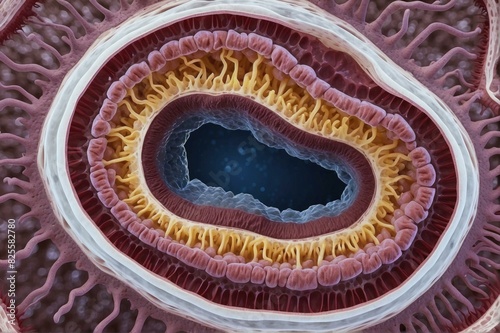 A close-up image of the inside of an intestine. AI. photo