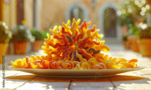 A plate of multicolored pasta shaped like a flower sits on a table. AI. photo