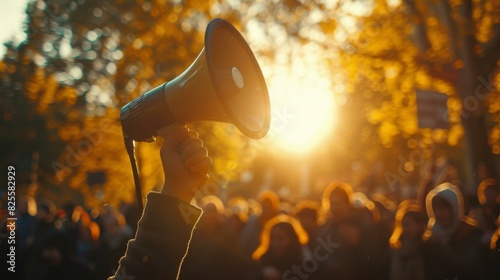 A protester holds a megaphone at a protest. AI.