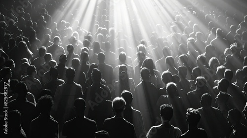Silhouettes of people in a large crowd at a concert, with their shadows elongated by stage lights photo