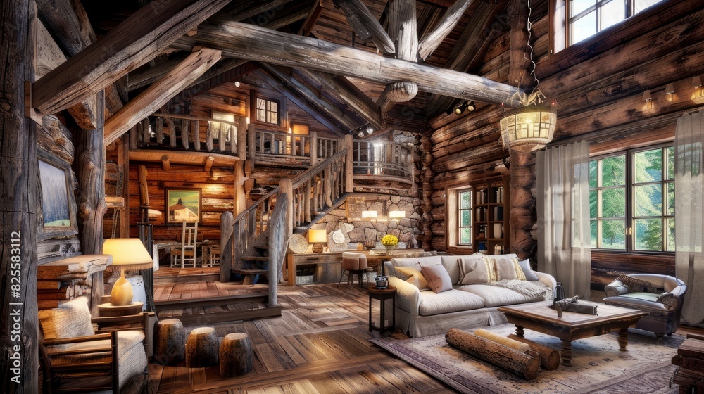 Fototapeta premium Living Room With A Rustic, Cabin-Like Feel, Room Background Photos
