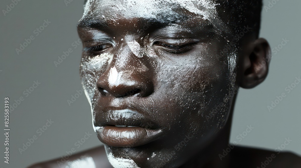 Close up fashion portrait of a male afro or african model with white pigmentation. Paint on face