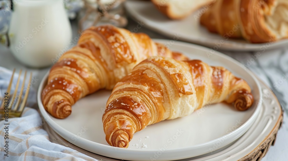 Croissant and milk on White Dish with Table. Generative Ai Croissant and milk on White Dish with Table. Generative Ai