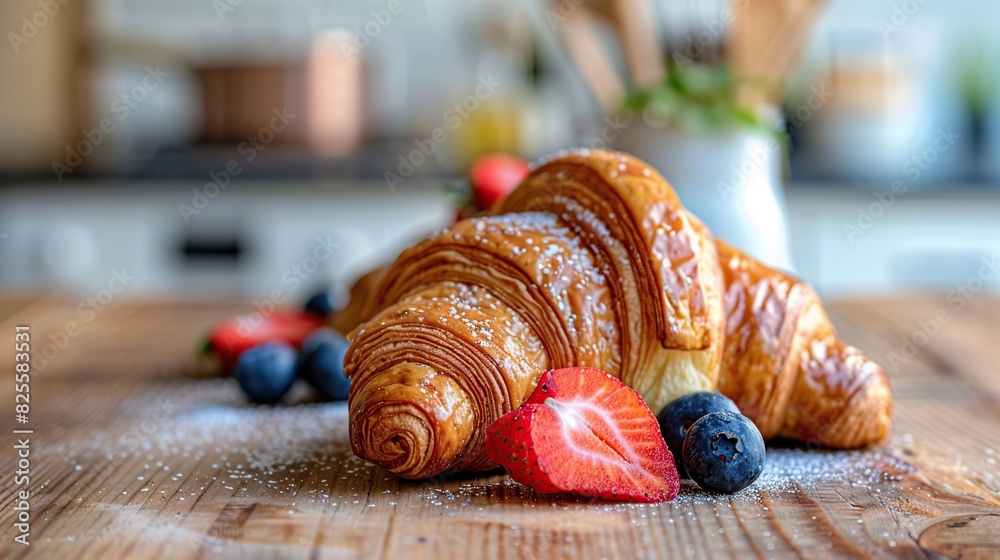 croissant with strawberry and blueberry on the wood table in the kitchen. Generative Ai croissant with strawberry and blueberry on the wood table in the kitchen. Generative Ai