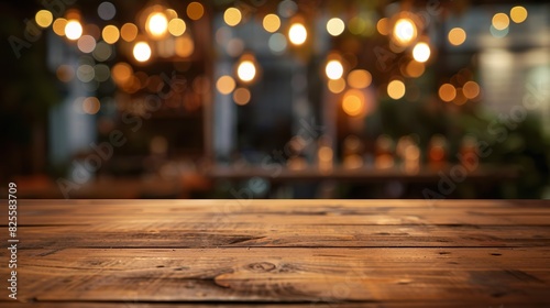 image of wooden table in front of abstract blurred