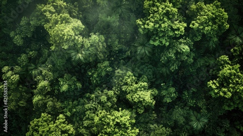 Top-down perspective of a raw  untouched forest  with towering trees and dense foliage below