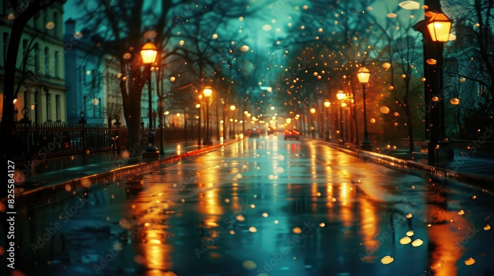 Wet pavement gleaming under street lamps, as rain falls gently, transforming the cityscape