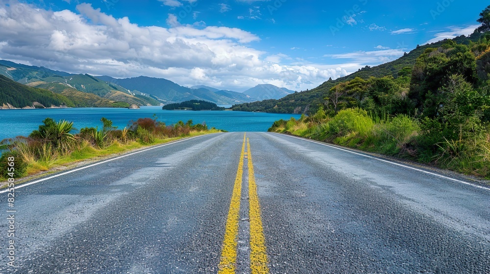 asphalt road near lake in summer day in New Zealand