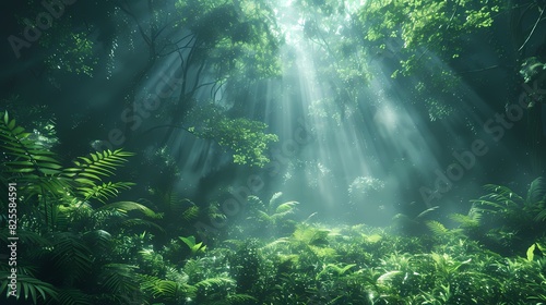 A lush green forest with sunlight filtering through the dense canopy  creating a magical glow on the forest floor.