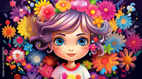 Vibrant chibistyle floral illustrations with vivid colors in a cartoony and stylized digital painting. photo