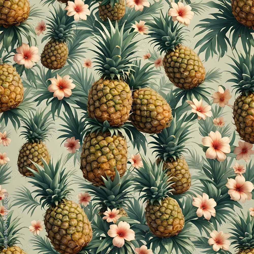 Pineapple Background with Flowers Pineapple Background with Flowers