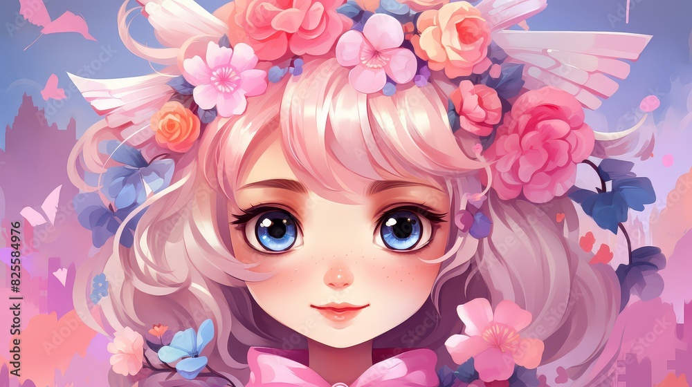 Vibrant chibistyle floral illustrations with vivid colors in a cartoony and stylized digital painting.