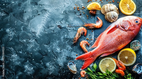 Delicious fresh fish and seafood on dark vintage background. Generative Ai photo