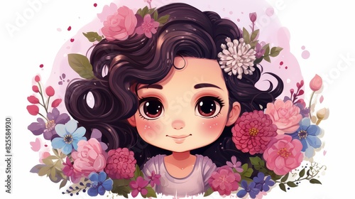 Vibrant chibistyle floral illustrations with vivid colors in a cartoony and stylized digital painting. photo