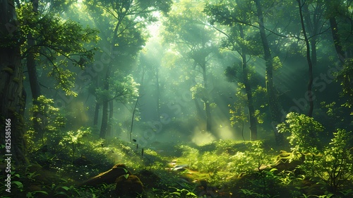 A lush green forest with sunlight filtering through the dense canopy  creating a magical glow on the forest floor.