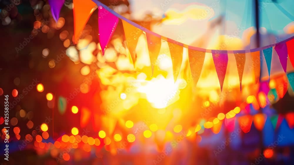 Colorful triangular flags in sunlit outdoor festival setting