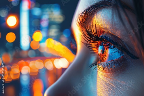 Fiery reflections in an eye encapsulate the vibrant energy of city lights at night, symbolizing urban excitement photo