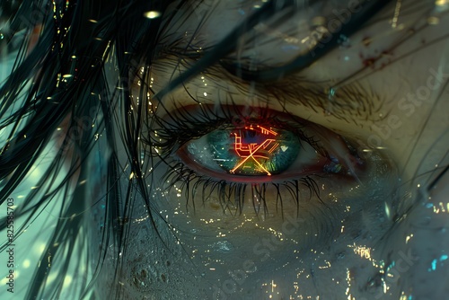 Raindrops on an eye enhance the reflection of a neon lit cross, melding natural elements with urban imagery