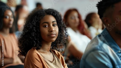 Young woman in classroom setting She is attentively listening, surrounded by peers photo